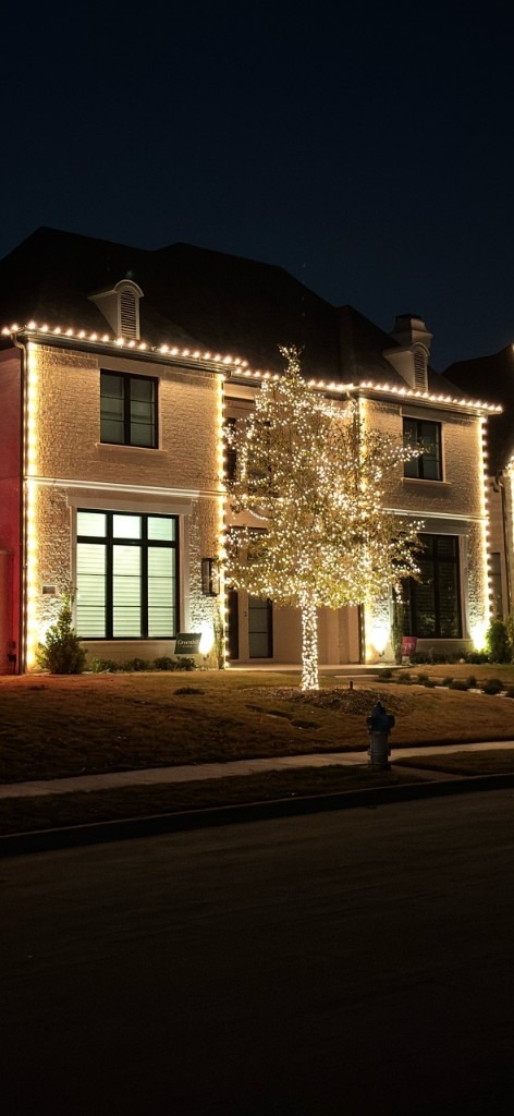 Full warm-white house outline with lit front tree